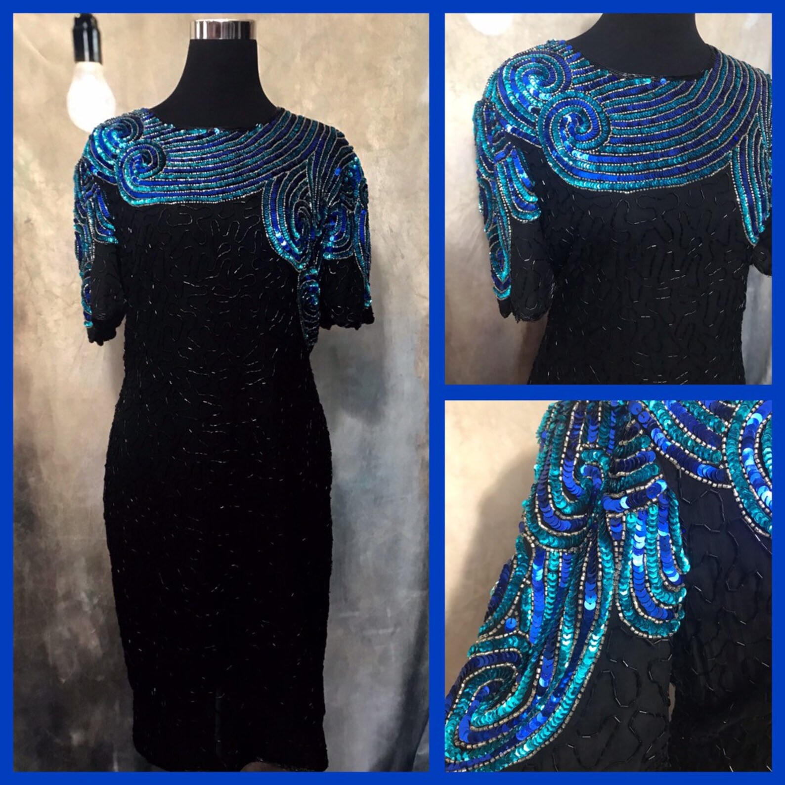 Vintage Beaded Dress Beaded Dress Vintage Dress Blue Beaded Etsy
