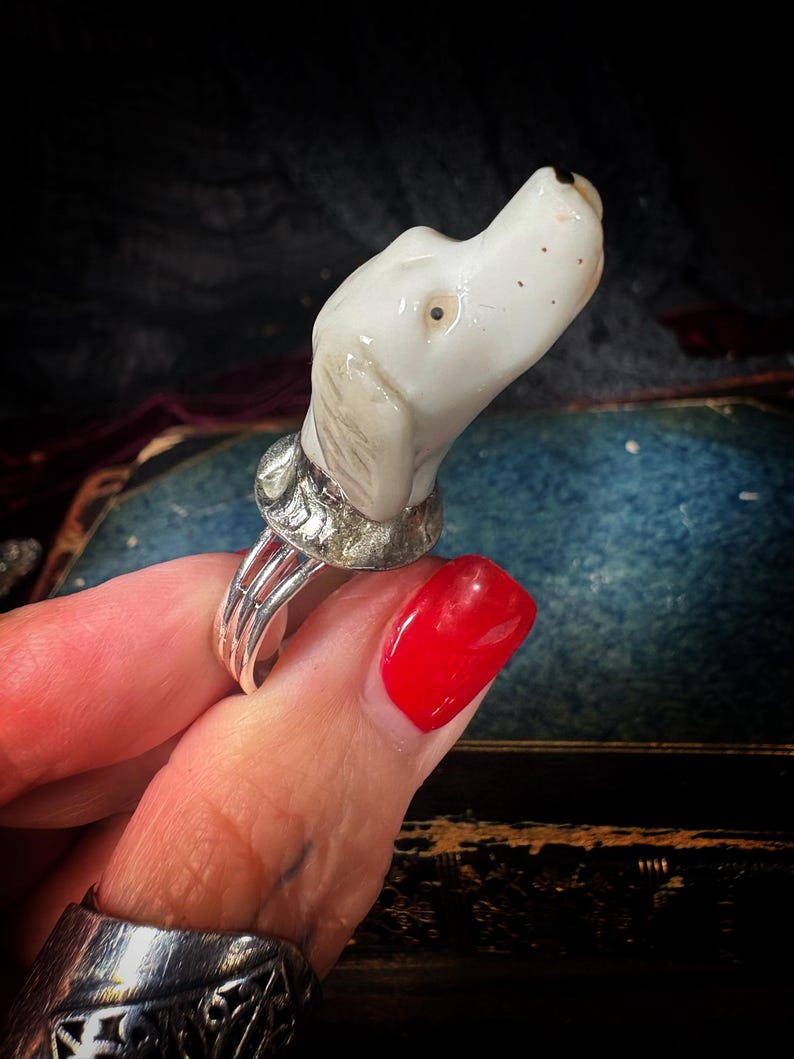 Peut inclure: Une bague originale repr&eacute;sentant une t&ecirc;te de chien blanche avec un collier et une bande argent&eacute;s. La t&ecirc;te du chien est orn&eacute;e de taches noires et d'un &oelig;il marron. La bague est tenue par une main avec du vernis &agrave; ongles rouge.