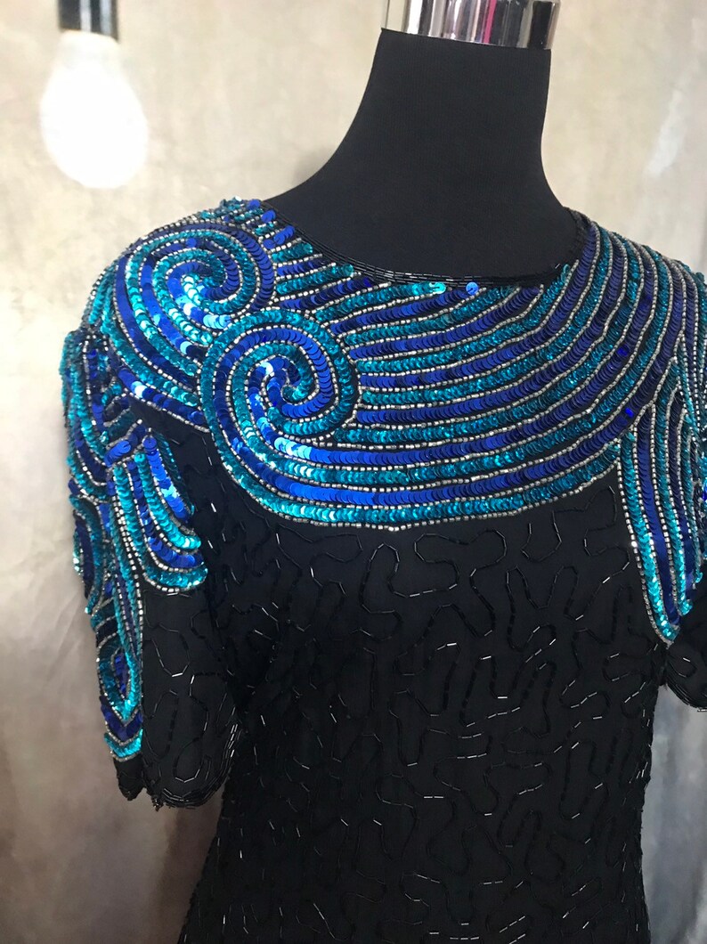 Vintage Beaded Dress Beaded Dress Vintage Dress Blue Beaded Etsy