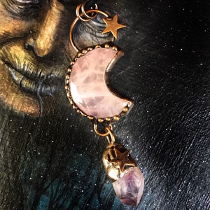 Witch Jewelry, Crescent Moon  Pendant, Rose Quartz Pendant, Celestial Jewelry