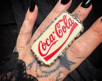 Upcycled Domino Statement Ring | Handmade Repurposed Game Piece Ring | Retro Soda Logo Ring | Adjustable Funky Oddity Jewelry