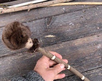 Shaman drum beater  with sheep wool head .  (firm head and good weight )