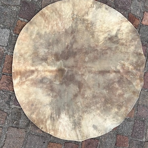 Pode incluir: Uma peça circular de pele animal crua e não curtida com um padrão manchado em tons de bege claro, castanho claro e castanho escuro. A superfície tem uma textura natural e irregular com variações visíveis na densidade da cor.