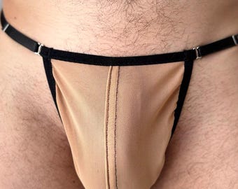 Sexy herenstring, beige string met print en verstelbare zijkanten, herenstring met opvallende print, fetisj of clubwear, psychedelische herenstring