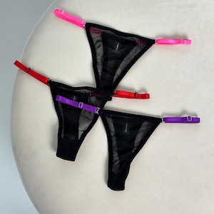 Set of 3 Thong women,3 Pack Sheer Mesh G-String Thong Set,Black Transparent Micro Panties Pink,Red & Purple Straps,Minimalist Lingerie Women