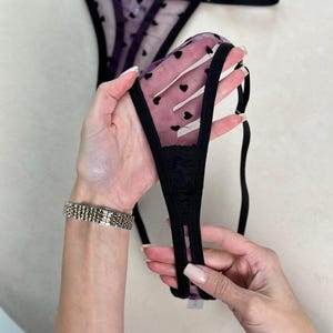 Sexy Heart G-String | Sheer Mesh Heart Thong – Valentine&#39;s Lingerie | Romantic Transparent Panties | Adjustable Strap Lingerie Gift