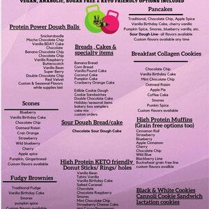 May include: A light purple menu for Bee Well Bakery LLC listing gluten-free, dairy-free, and high-protein items. Categories include Protein Power Dough Balls, Pancakes, Breads, Cakes, Scones, Breakfast Collagen Cookies, Muffins, and Donut Sticks.