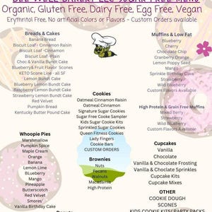 Puede incluir: Un men&uacute; de Bee Well Bakery LLC que enumera productos sin az&uacute;car, org&aacute;nicos, sin gluten, sin l&aacute;cteos, sin huevo y veganos. Las categor&iacute;as incluyen panes, pasteles, muffins, galletas, brownies, whoopie pies, cupcakes y donuts con una abeja.