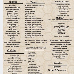 May include: A beige menu titled BEE WELL BAKERY LLC KETO MENU with a faint honeycomb pattern. It lists gluten-free, low net carb items including scones, donuts, breads, muffins, cookies, brownies, bars, squares, cupcakes, and seasonal treats.