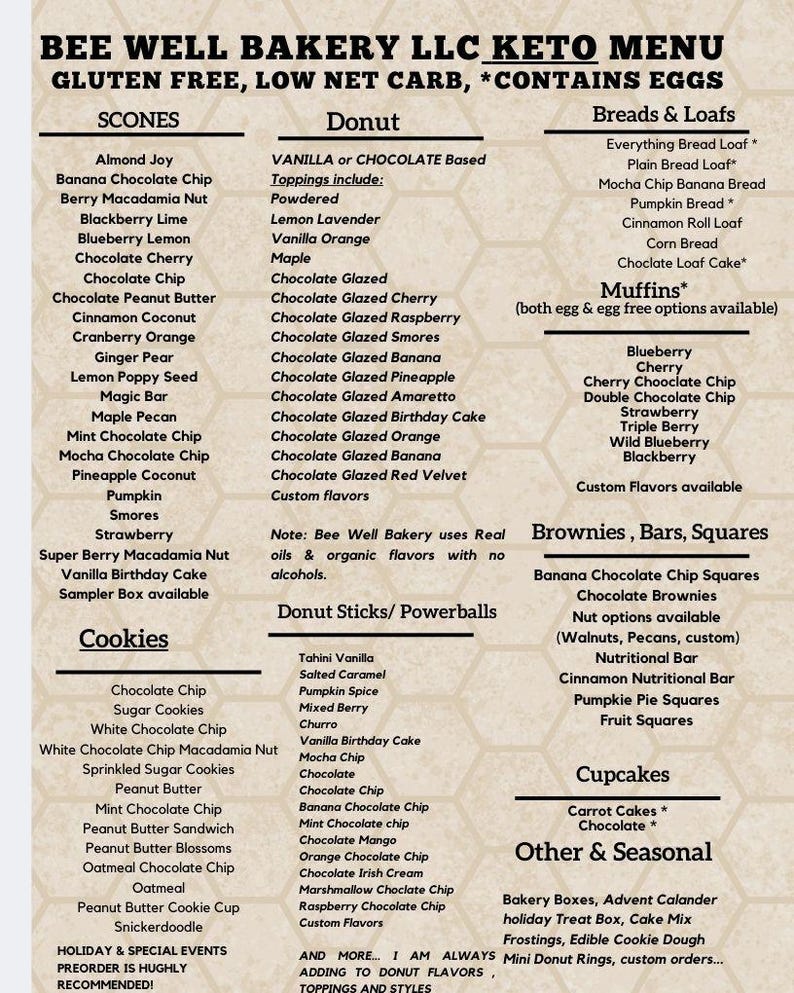 May include: A beige menu titled BEE WELL BAKERY LLC KETO MENU with a faint honeycomb pattern. It lists gluten-free, low net carb items including scones, donuts, breads, muffins, cookies, brownies, bars, squares, cupcakes, and seasonal treats.