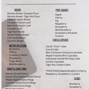 May include: A printed menu for Bee Well Bakery LLC featuring an AutoImmune Protocol and grain-free list of items including breads, muffins, donuts, fruit squares, cakes, cupcakes, and scones, with a small cartoon bee graphic at the top left corner.