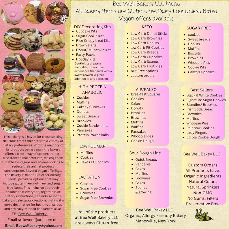 May include: A menu for Bee Well Bakery LLC featuring a collage of various baked goods on the left and categorized lists of dietary-specific items including Keto, Sugar Free, High Protein, AIP/Paleo, Low FODMAP, and Sour Dough options.