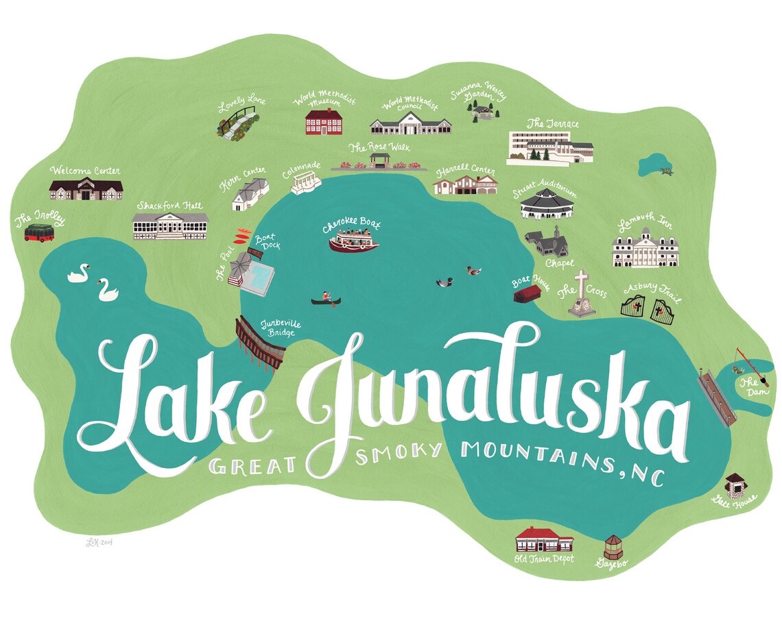 Lake Junaluska Art Print Illustrated Hand Painted Map Art Etsy UK