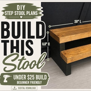 May include: A two-step wooden stool with dimensions of 20 inches long, 10.5 inches wide, and 8.5 inches high. The steps are stained a light brown, contrasting with the black frame. Text on the image reads "DIY Step Stool Plans" and "Build This Stool".