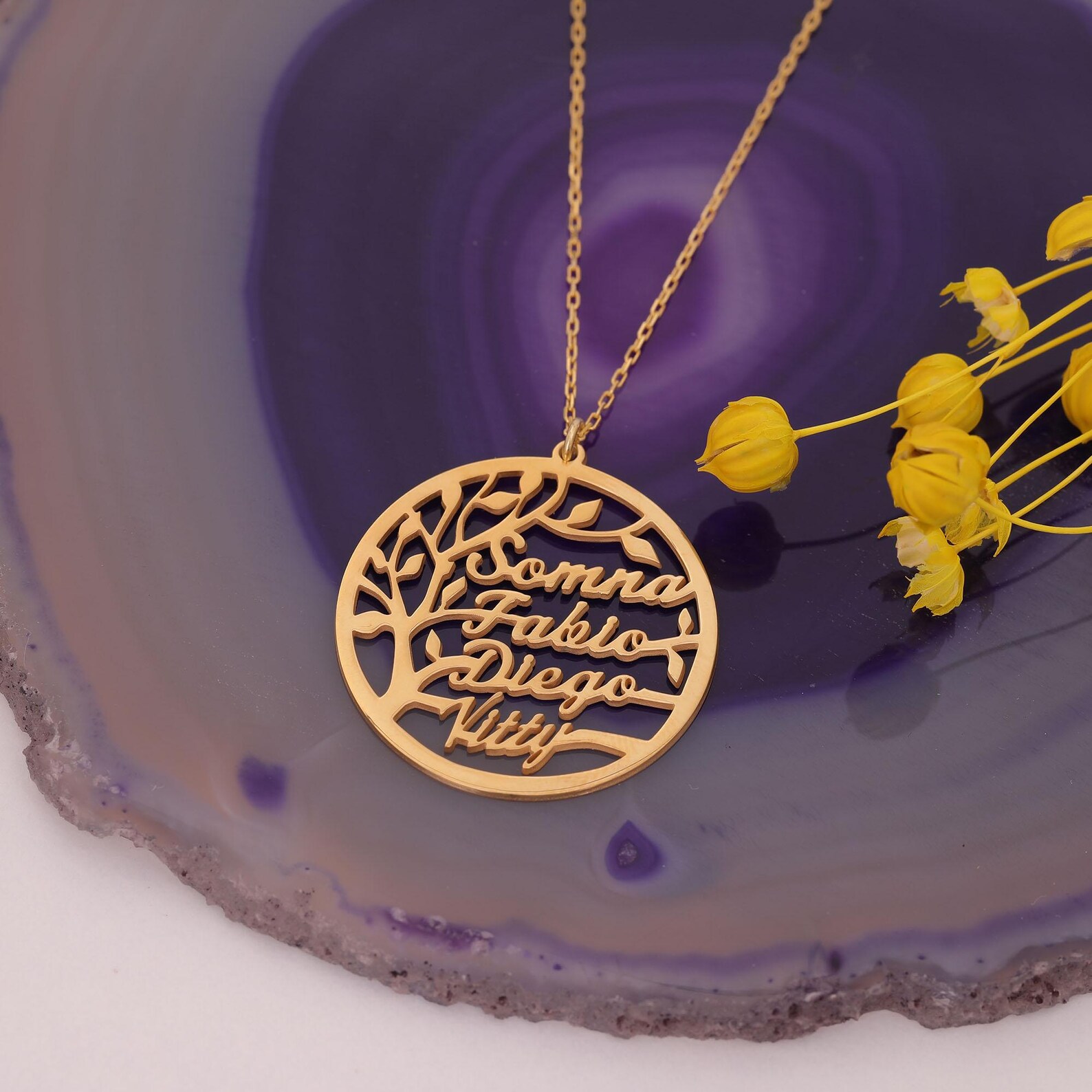 Tree of Life Name Necklace with Birthstone Name Engraved Pendant Family