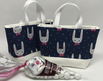 White Bunny Faces with Pink Bowties on Blue Treat Bags