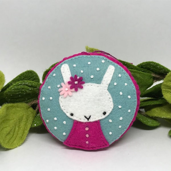 White Bunny on Magenta and Blue Puff Ornament