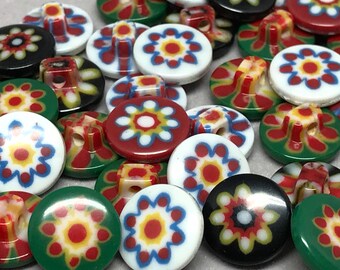 Set of 37 Round Plastic Millefiori 13mm Buttons in Red, White, Black, and Green