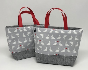 Black and White Rabbits with Hearts on Gray Treat Bags