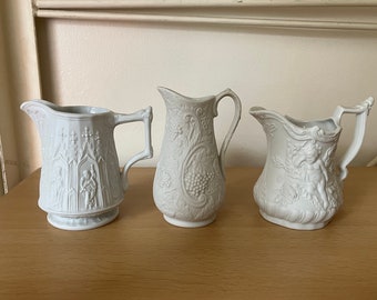 Portmeiron Parian Matt Finish White Mini Jugs - Set of 3 - Vintage Welsh Creamers  - Cherub, Grapevine, Apostles - FREE POSTAGE