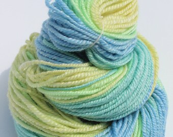 Mid Morning, Hand Spun, Handspun, Hand Dyed, Yarn, Gradient, Navajo Ply, Worsted, Merino, Tencel, Blue, Green, Yellow, 128 Yards