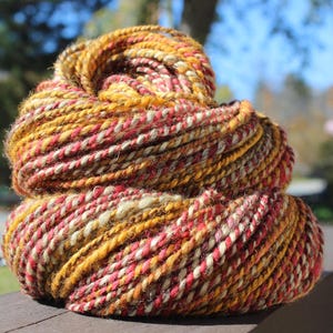 Autumn, Hand Spun, Handspun, Yarn, Worsted, Red, Orange, Yellow, Brown, Harrisville Shetland, Wool, Soft, Yarn, 140 Yards