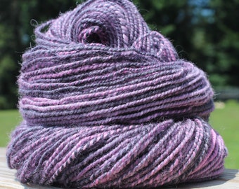 Pink Licorice, Hand Spun, Handspun, Yarn, Worsted, Purple, Pink, Gray, Cheviot, Nylon, Sock Yarn, 168 Yards