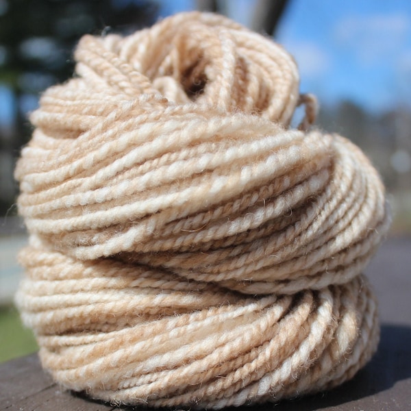 Caramel Kiss, Hand Spun, Handspun, Yarn, DK, Beige, Natural, Merino, Camel, Soft, 92 Yards