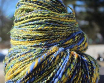 Sunflower, Hand Spun, Handspun, Yarn, Worsted, Yellow, Blue, Merino, Wool, Silk, Angelina, Sparkle, Art, Soft, Yarn, 288 Yards