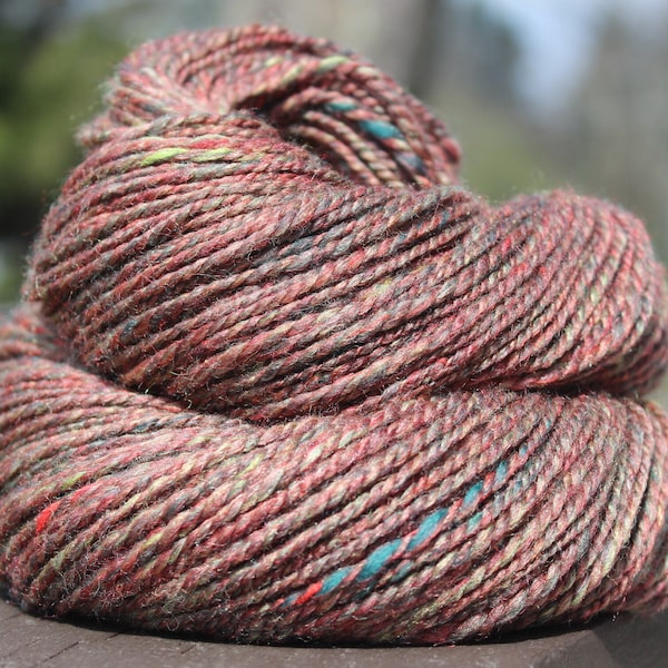 Dragon's Blood, Hand Spun, Handspun, Yarn, DK, Red, Heathered, Natural, Merino Wool, Silk, Soft, 258 Yards