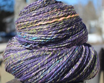 1985, Hand Spun, Handspun, Yarn, Worsted, Purple, Pink, Yellow, Blue, Sparkle, Merino, Wool, Silk, Angelina, Art, Soft, Yarn, 336 Yards