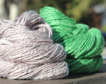 Frog and Toad, Hand Spun, Handspun, Yarn, DK, Green, Taupe, Natural, Tussah, Silk, Flax, Merino, Wool, Yarn Set, 248 Yards