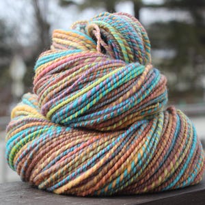 THE Kitchen Sink, Hand Spun, Handspun, Yarn, Worsted, Orange, Yellow, Blue, Purple, Brown, Mottled, Merino, Wool, Soft, Yarn, 220 Yards