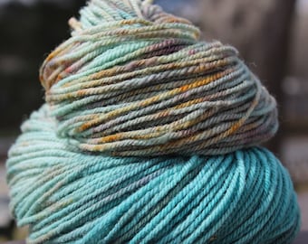 Pine Beach, Hand Dyed, Yarn, DK, Locally Sourced, Tunis, Merino, Blue, Green, Gray, Brown, Speckle, 210 Yards