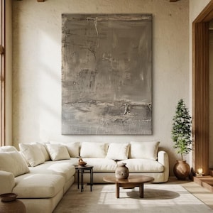 Großes strukturiertes abstraktes Leinwandbild, neutrale beige graue 3D-Wandkunst, minimalistisches Wabi Sabi modernes Dekor für Wohnzimmer oder Schlafzimmer