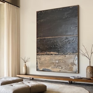 Schwarz und Braun Minimalist Wandkunst, Große Original Abstrakte Malerei, Übergroße Strukturierte Leinwand Kunst, Neutrale Wabi-Sabi Malerei, Wohnkultur Kunst