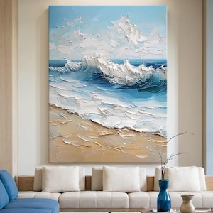 3D Textured Wall Art Blue Beach Waves Texture Abstract Painting Original Handmade Landscape Plaster Neutral Home Living Room Decor Mural