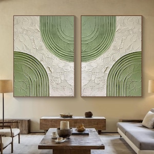 Art mural wabi-sabi, une paire d'art mural vert, lot de 2 peintures murales beiges, art abstrait vert texture 3D, 2 pièces peinture minimaliste sur toile
