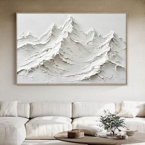 Original weiße große Leinwand abstrakte Malerei, gerahmte Gips Stil strukturierte Wandkunst, minimalistische 3D Berg Ölgemälde Wanddekor