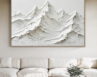 Original White Large Canvas Abstract Painting, Framed Plaster Style Textured Wall Art, Minimalist 3D Mountain Oil Painting Wall Decor