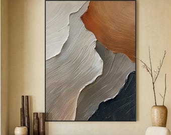 3D Minimalist River Painting on Canvas Textured Wall Art Earth Tone Waves Art Wabi-Sabi Wall Art Living Room Painting Fashion Room Art Decor