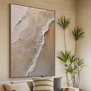 Peinture texturée vague océan beige, peinture plage de la mer, peinture abstraite texturée 3D beige, peinture océan, peinture paysage vague océan