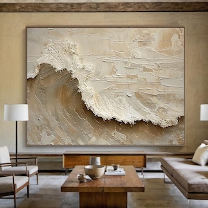 Peinture à l'huile 3D vague océanique plage blanche minimaliste peinture texture art mural, huile Wabi Sabi, salon texturé mode décoration d'intérieur