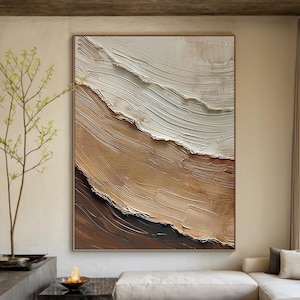 Large Wabi Sabi Neutral Wall Art Abstract Beach Ocean Painting Beige Waves Texture Painting 3D Textured Wall Art Minimalist Room Home Decor