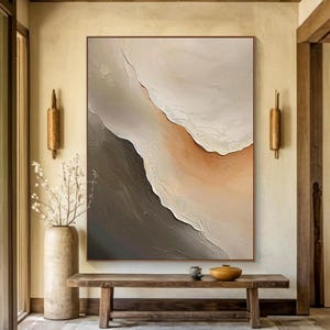 Grand art mural neutre Wabi Sabi abstrait plage océan peinture vagues beiges texture peinture 3D art mural texturé chambre minimaliste décoration d'intérieur
