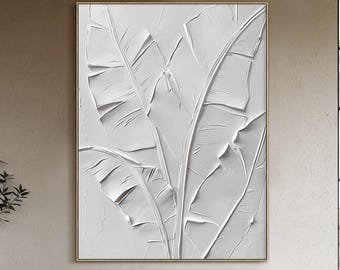 Modern White Texture Wall Decor Neutral Plants Wabi Sabi Wall Art Leaf Abstract Canvas Painting Large Minimalist Leaves Textured Oil Art