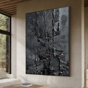 Arte mural con textura negra, arte minimalista wabi-sabi en negro, pintura abstracta en lienzo negro grande, decoración moderna y elegante para dormitorio, arte japandi