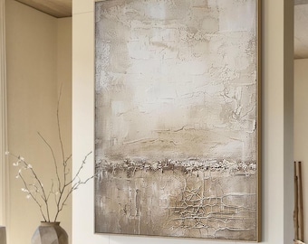 Beige Textured Wall Art on Canvas Wabi Sabi Oil Painting Beige Minimalist Wall Art Mural Tan Modern Texture Art Living Room Home Decor