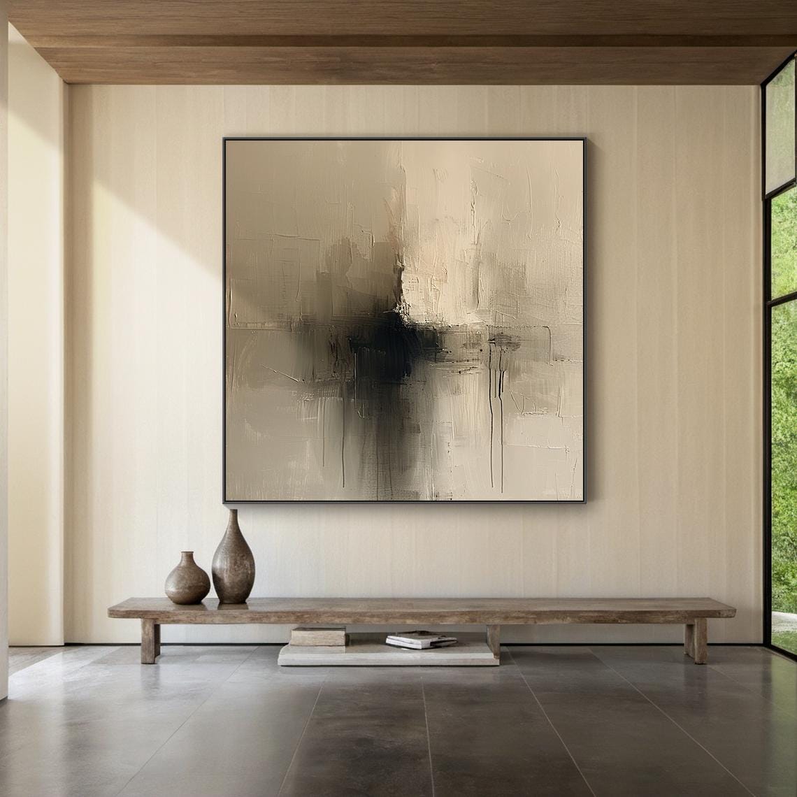 Large Beige Canvas Abstract Oil Painting, Black Minimalist Painting ...