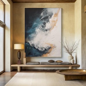 Modern Abstract Canvas Wall Art , Blue Beige Textured Painting for Living Room or Office,Wabi-sabi art,Neutral Minimalist Home Decor